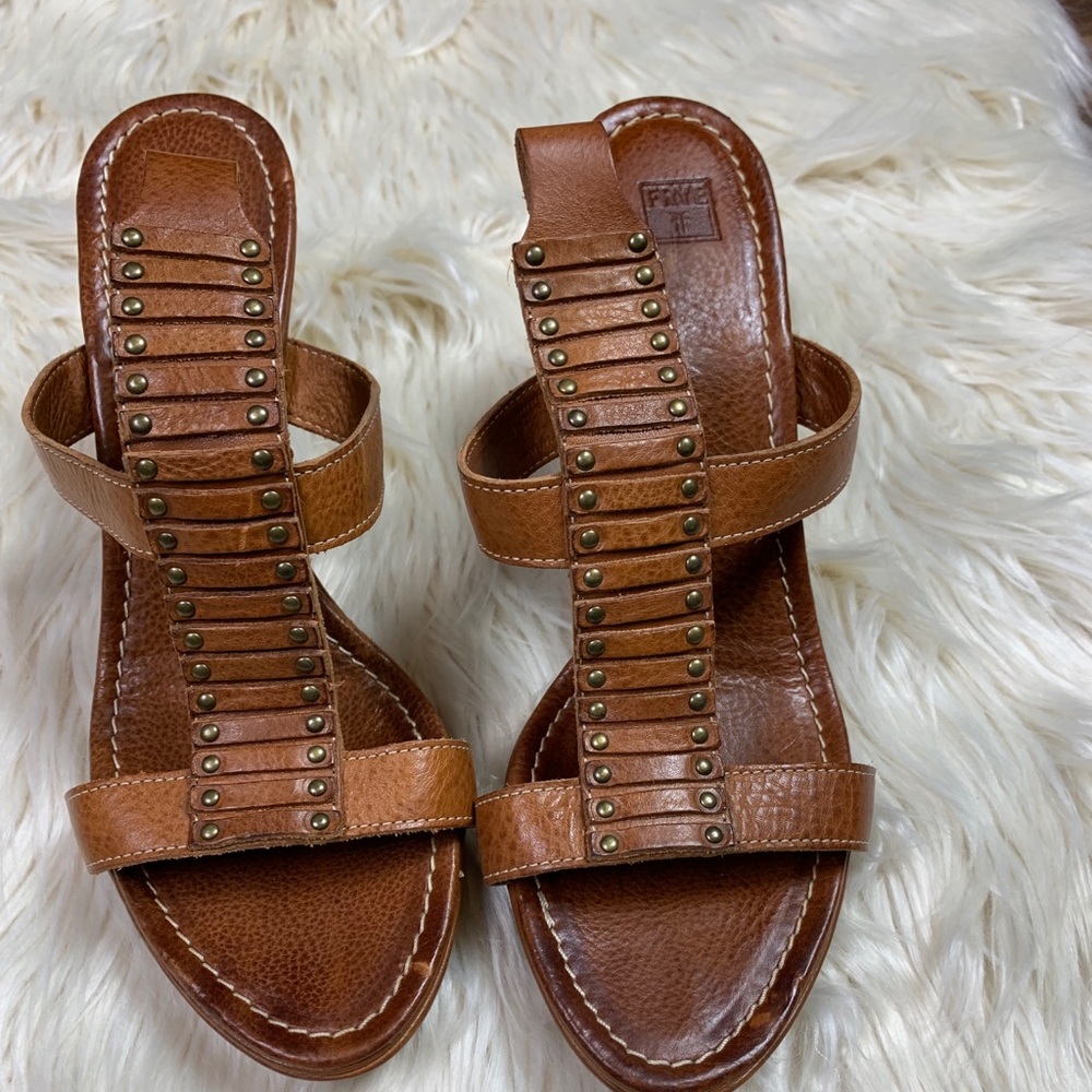 Frye heels leather brown studs open toe size 8.5